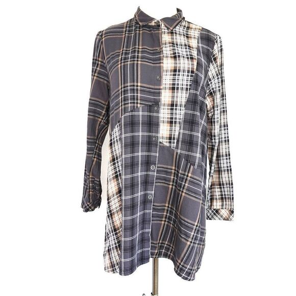 J.Jill Long Multi Plaid Button Down Blouse Tan Black White Size Medium Petite - Picture 1 of 14